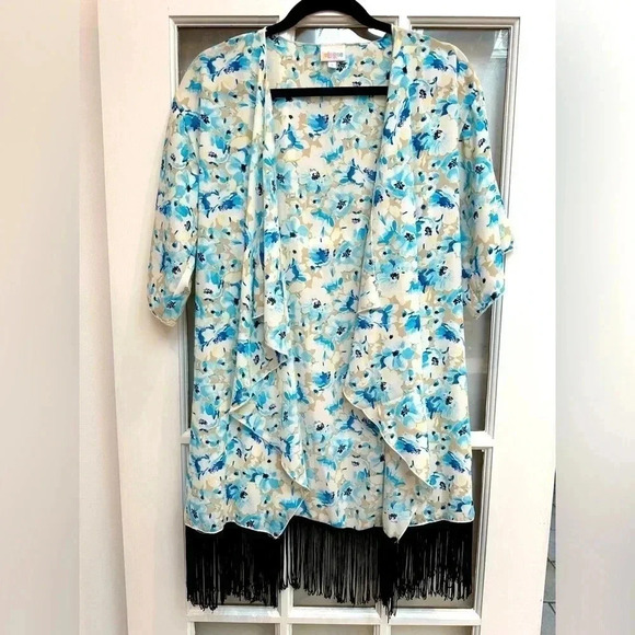 LuLaRoe | Monroe Watercolor Blue Taupe Floral Black Fringe Kimono Coverup Size S - Picture 9 of 9